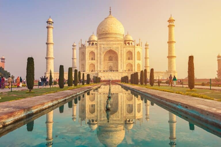 The Taj Mahal in India with the reflecting pool in front.