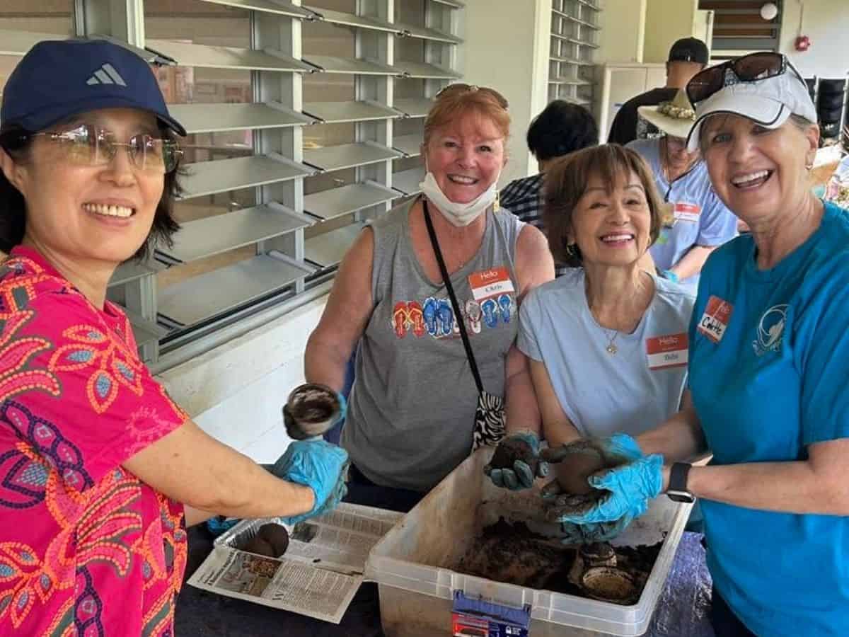Hawaii Rotarians making Genki Balls to clean up the Ala Wai canal in Honolulu